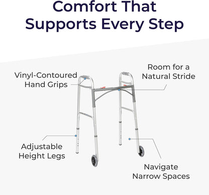 Height-Adjustable Folding Walker with Wheels, Lightweight Aluminum Rolling Walker with Dual Push-Button Release