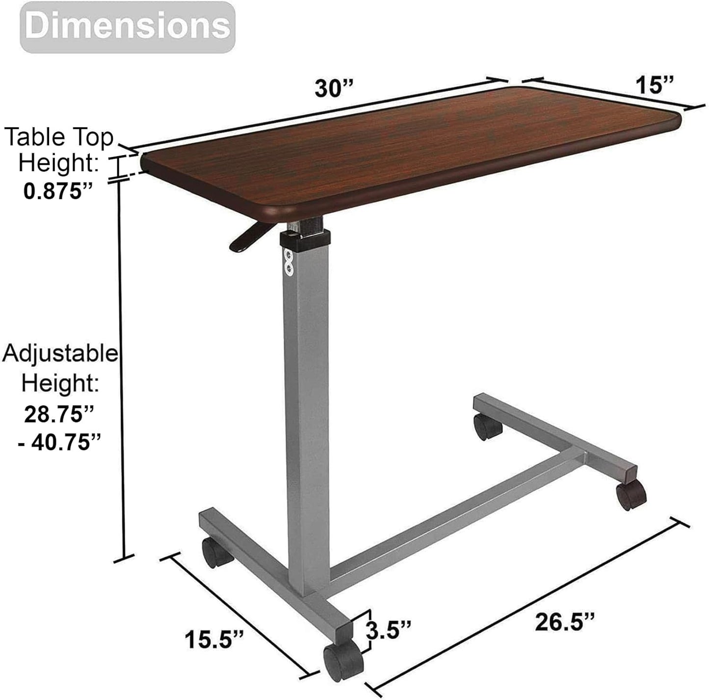 Height-Adjustable Rolling Overbed Table with Wheels, Portable Bedside Laptop Desk for Bed, Couch and Hospital Use