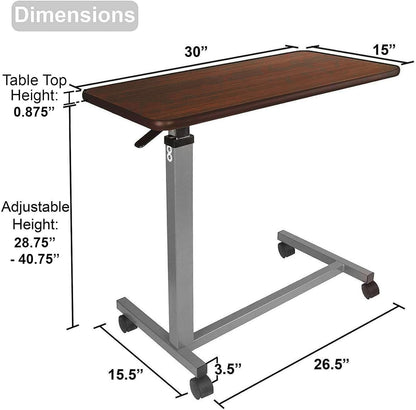 Height-Adjustable Rolling Overbed Table with Wheels, Portable Bedside Laptop Desk for Bed, Couch and Hospital Use