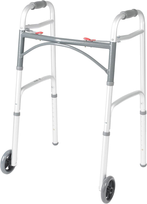 Height-Adjustable Folding Walker with Wheels, Lightweight Aluminum Rolling Walker with Dual Push-Button Release
