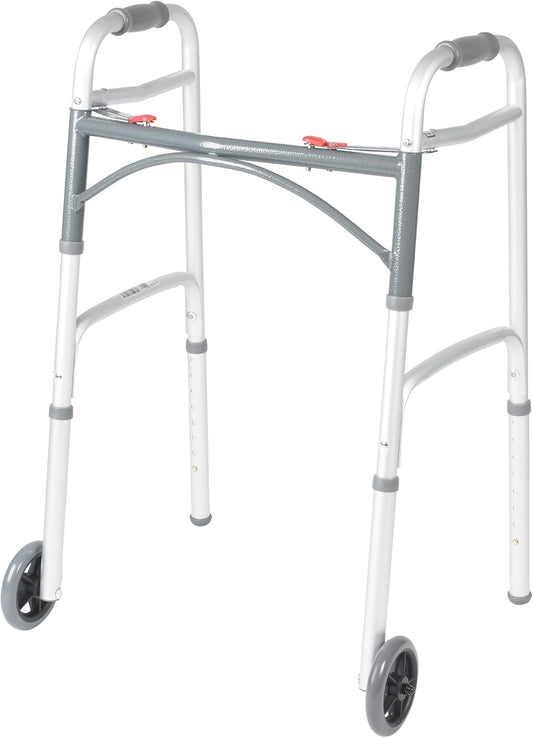 Height-Adjustable Folding Walker with Wheels, Lightweight Aluminum Rolling Walker with Dual Push-Button Release