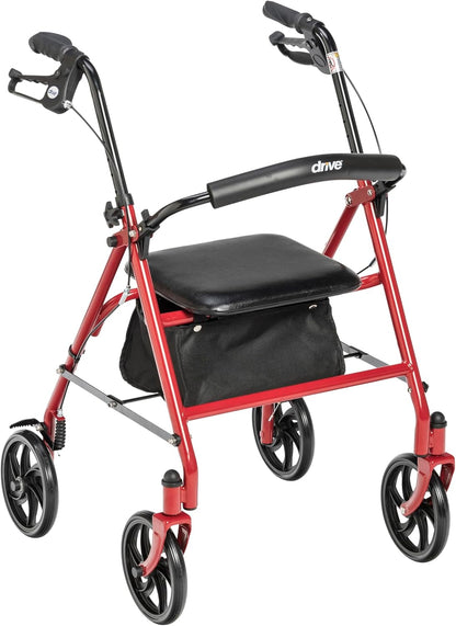 Red Height-Adjustable Folding Rollator Walker with Seat, Durable Steel Frame and 7.5-Inch Wheels for Senior Mobility Support