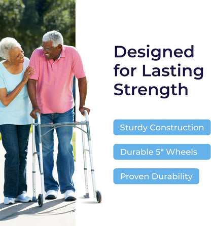 Height-Adjustable Folding Walker with Wheels, Lightweight Aluminum Rolling Walker with Dual Push-Button Release