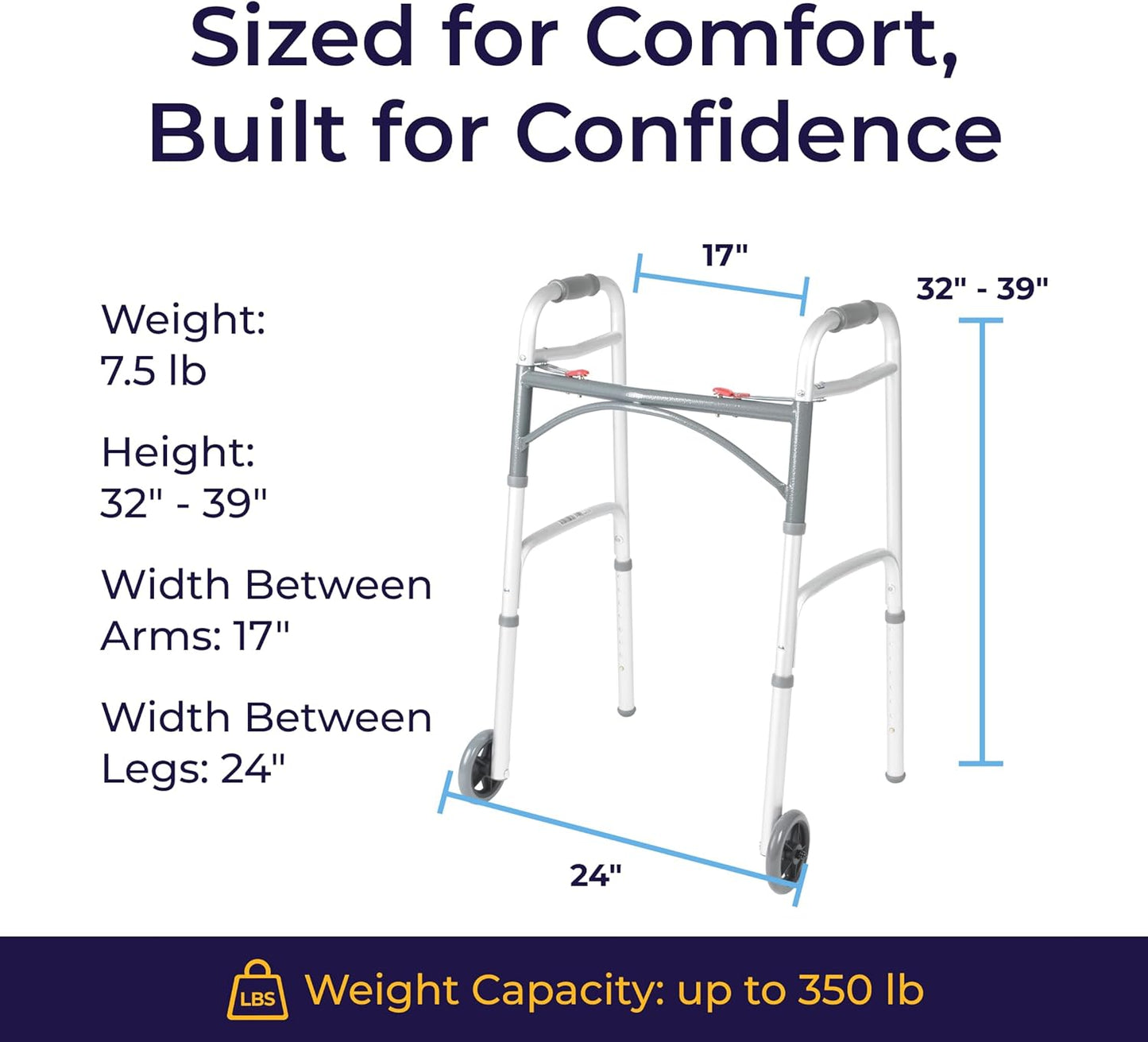 Height-Adjustable Folding Walker with Wheels, Lightweight Aluminum Rolling Walker with Dual Push-Button Release