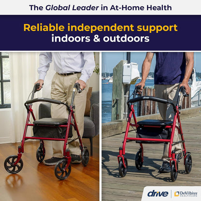 Red Height-Adjustable Folding Rollator Walker with Seat, Durable Steel Frame and 7.5-Inch Wheels for Senior Mobility Support