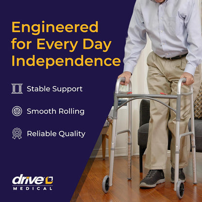 Height-Adjustable Folding Walker with Wheels, Lightweight Aluminum Rolling Walker with Dual Push-Button Release