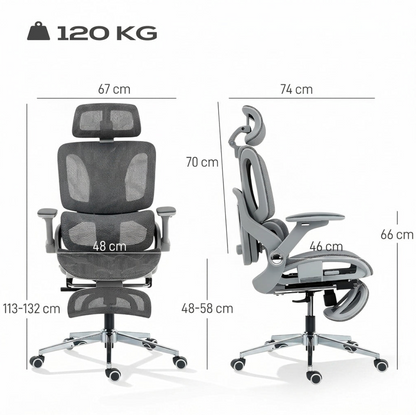 An ergonomic office chair shown from front and side views with dimension labels and a '120 KG' weight indicator on a light gray background.