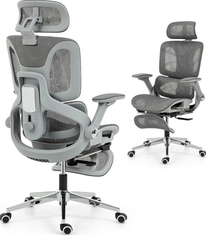 A gray ergonomic office chair with a mesh back, adjustable armrests, a headrest, and a footrest, shown from two angles on a white background.